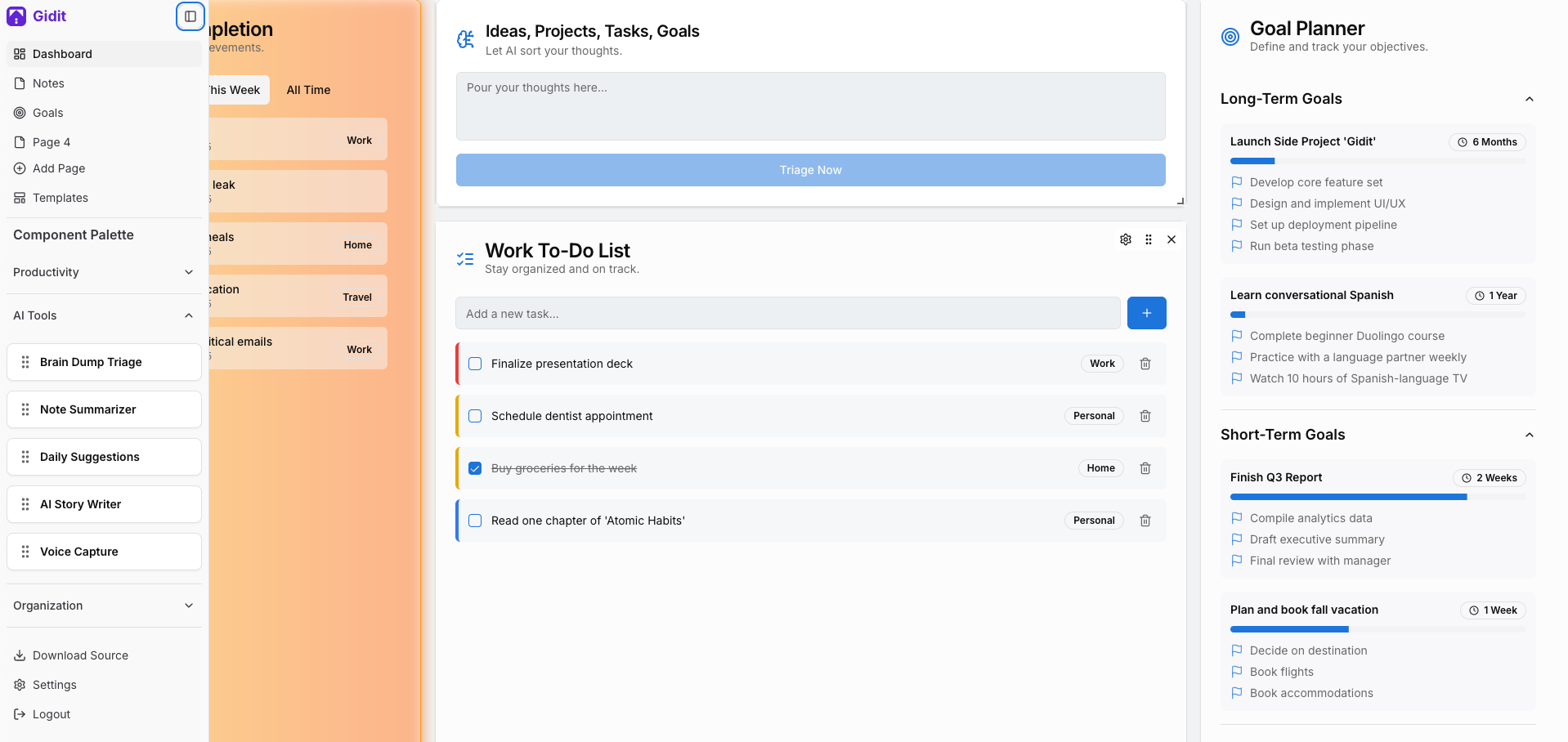A screenshot of the Gidit application showing a time block planner.