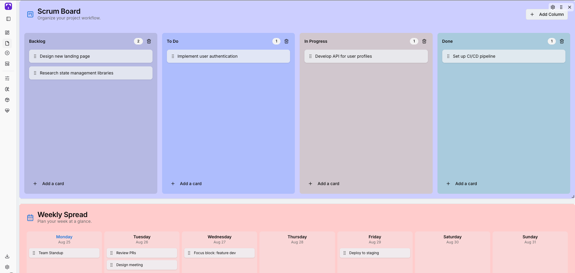 A screenshot of the Gidit application showing a weekly spread calendar.